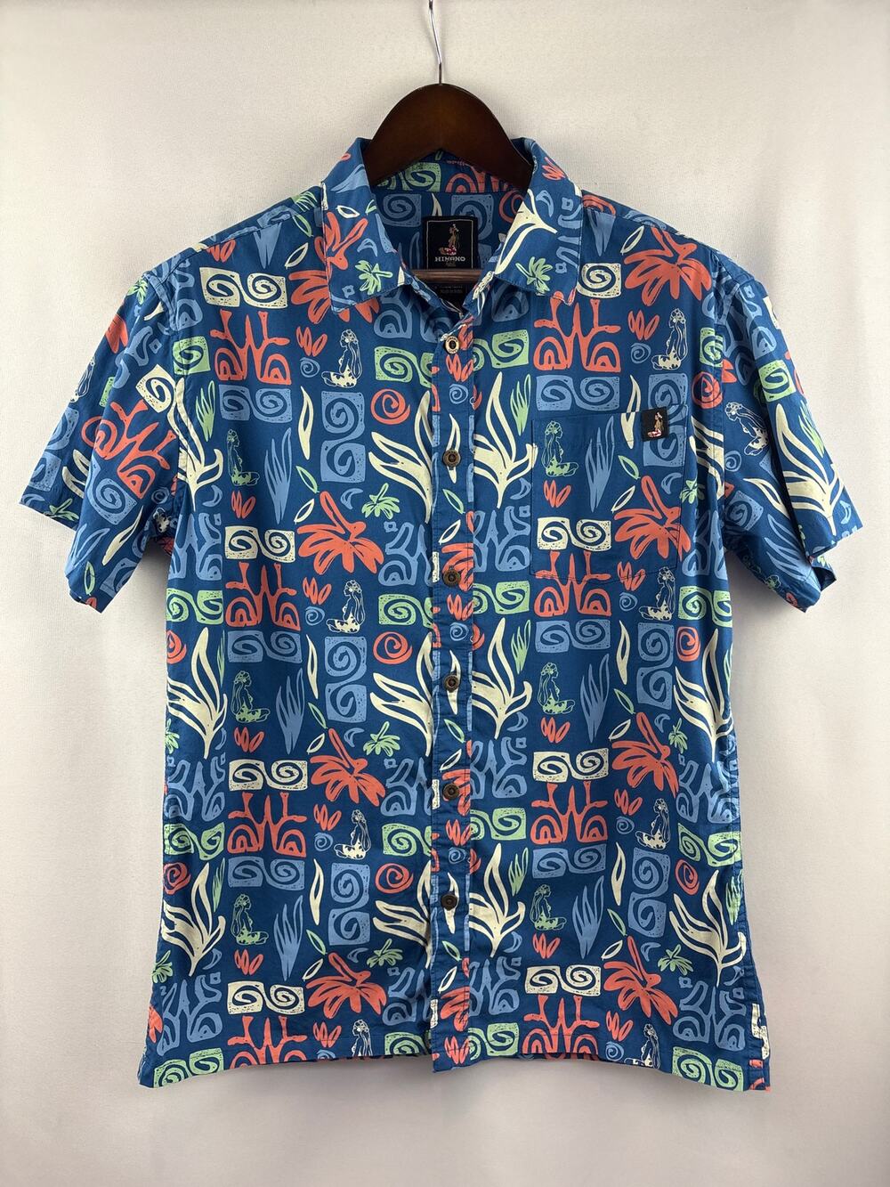 Men’s Hinano Tahiti Medium Blue Hawaiian Patterned Button Up